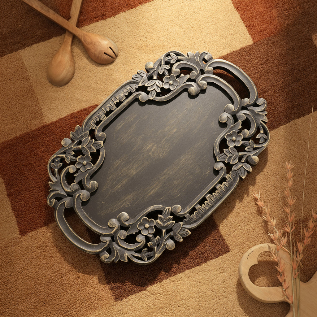Met de hand vervaardigde Zwarte Adirondack Gesneden Houten Dienblad | Rustiek Decoratief Houten Dienblad met Handvatten | Boerderij Decoratie