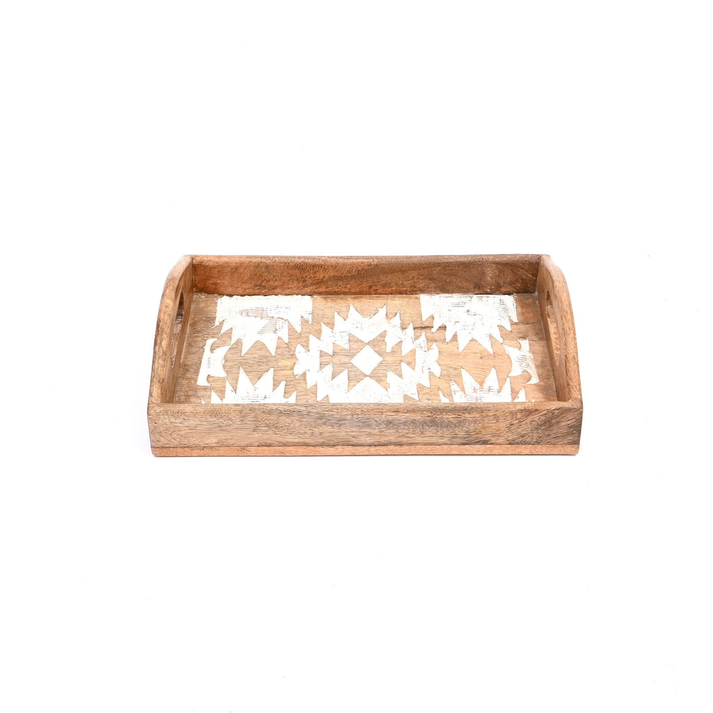 Matterhorn Gesneden Mangohout Nesting Tray Set van 3 - Witgewassen Decoratieve Serveerschalen voor Huisdecoratie