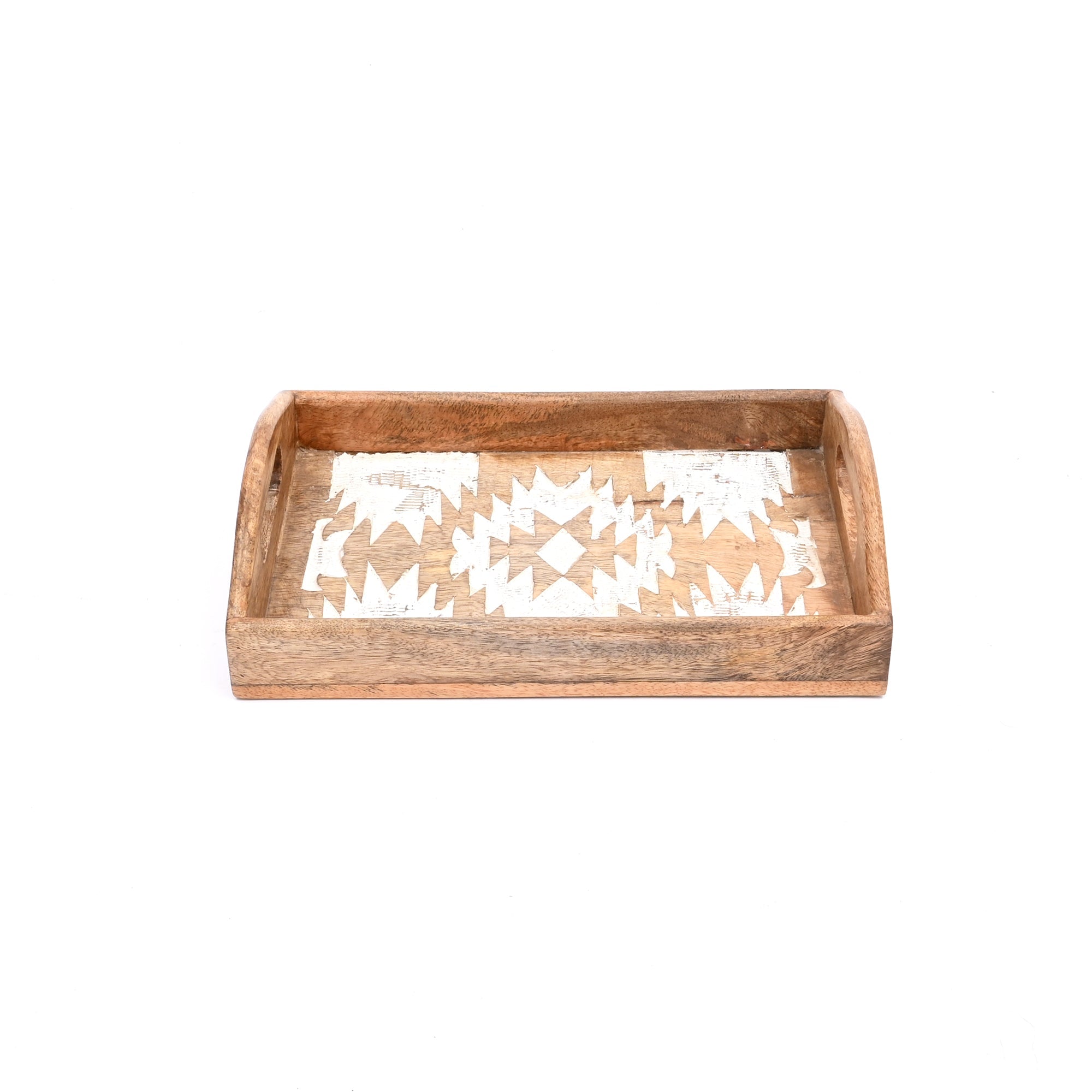 Matterhorn Gesneden Mangohout Nesting Tray Set van 3 - Witgewassen Decoratieve Serveerschalen voor Huisdecoratie
