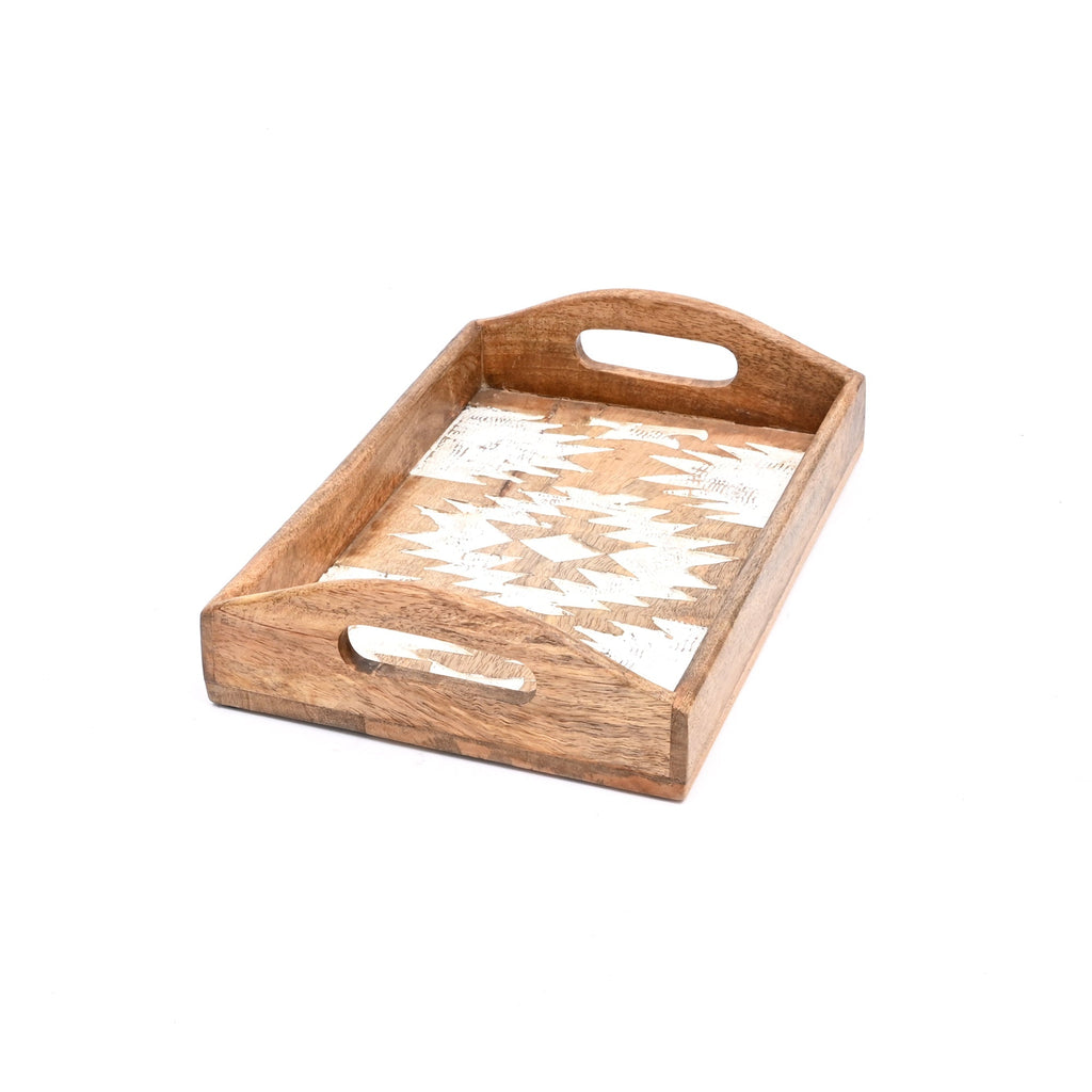 Matterhorn Gesneden Mangohout Nesting Tray Set van 3 - Witgewassen Decoratieve Serveerschalen voor Huisdecoratie