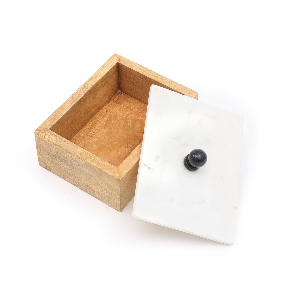 Kobe Kleine Mangohouten Opbergdoos met Wit Marmeren Deksel | Decoratieve Sieraden Snufje Bewaardoosje Organizer