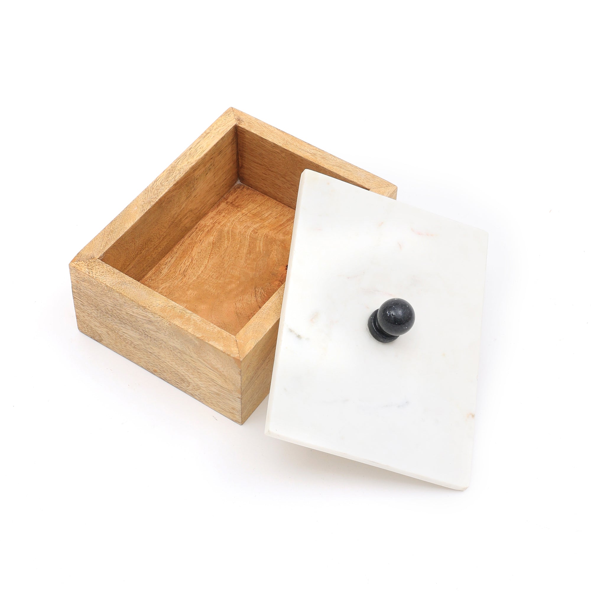Kobe Kleine Mangohouten Opbergdoos met Wit Marmeren Deksel | Decoratieve Sieraden Snufje Bewaardoosje Organizer
