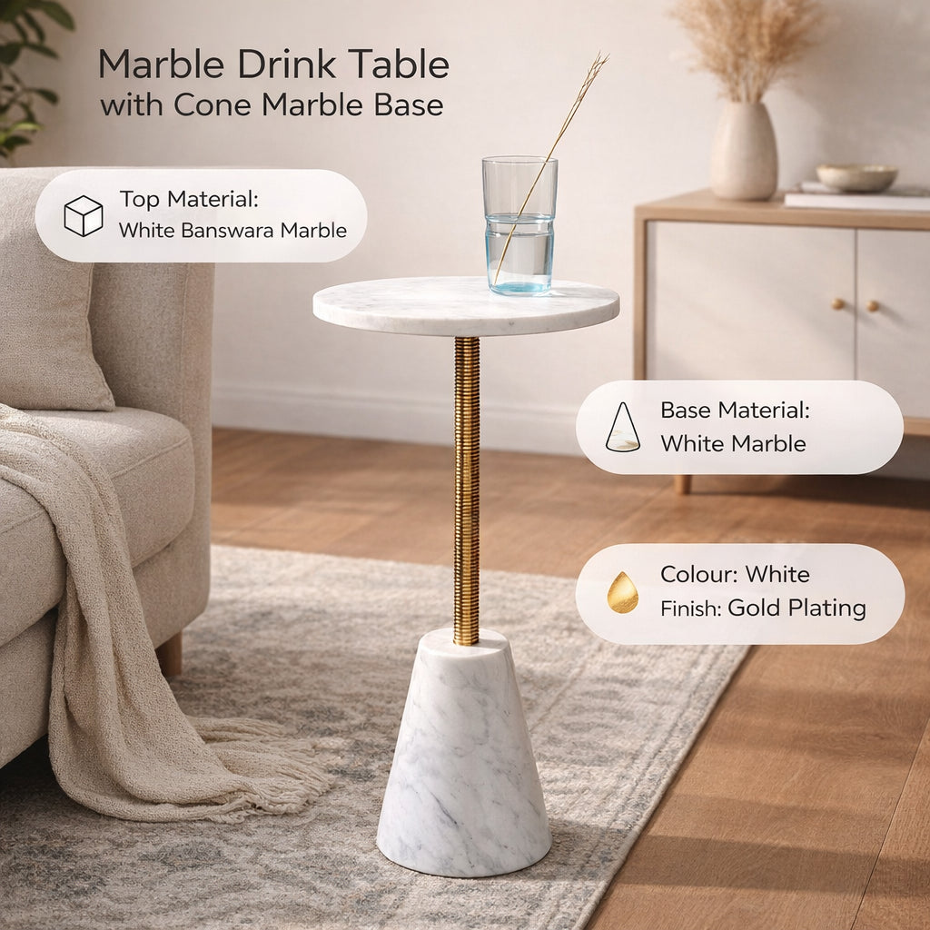 Marmeren dranktafel met kegelvormige marmeren voet.