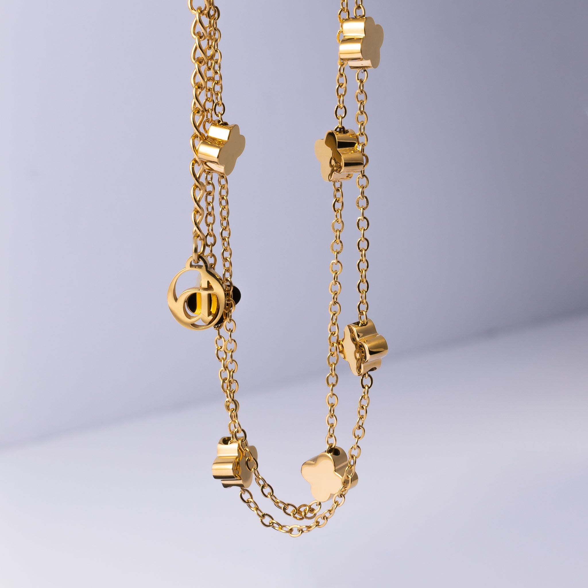 Bracelet double chaîne trèfle argenté