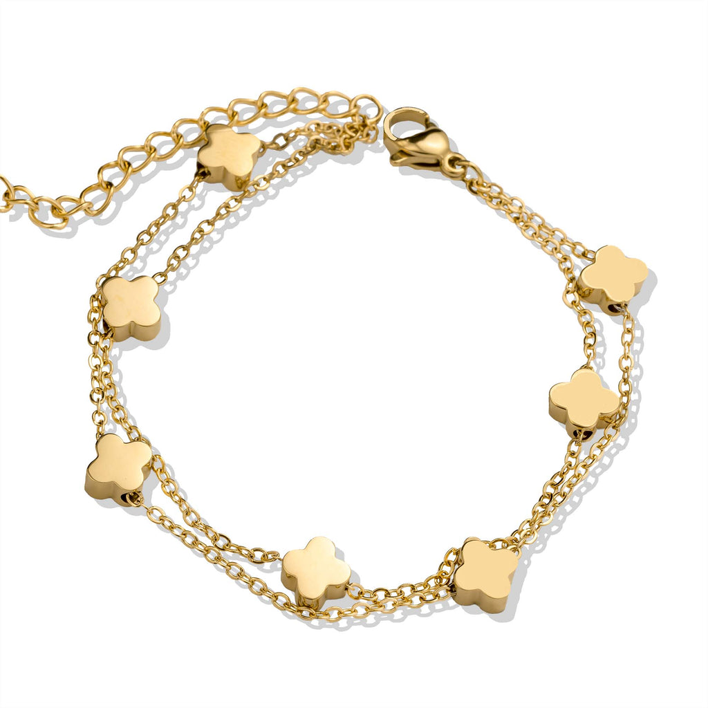 Bracelet double chaîne trèfle doré