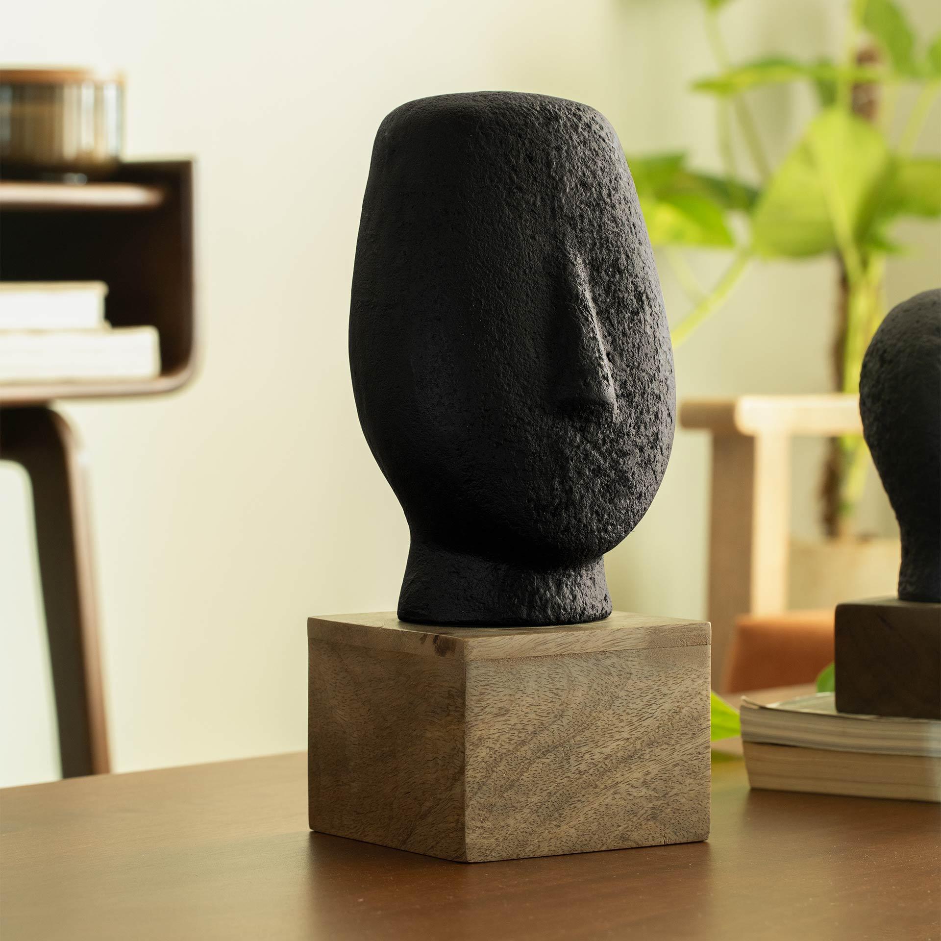 Moderne Ecomix Zwarte Gezichtssculptuur | Abstracte Milieuvriendelijke Kunstdecoratie | Hedendaags Minimalistisch Tafelblad Standbeeld