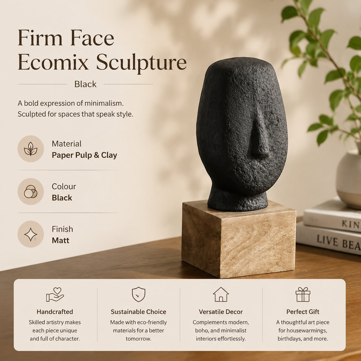 Moderne Ecomix Zwarte Gezichtssculptuur | Abstracte Milieuvriendelijke Kunstdecoratie | Hedendaags Minimalistisch Tafelblad Standbeeld