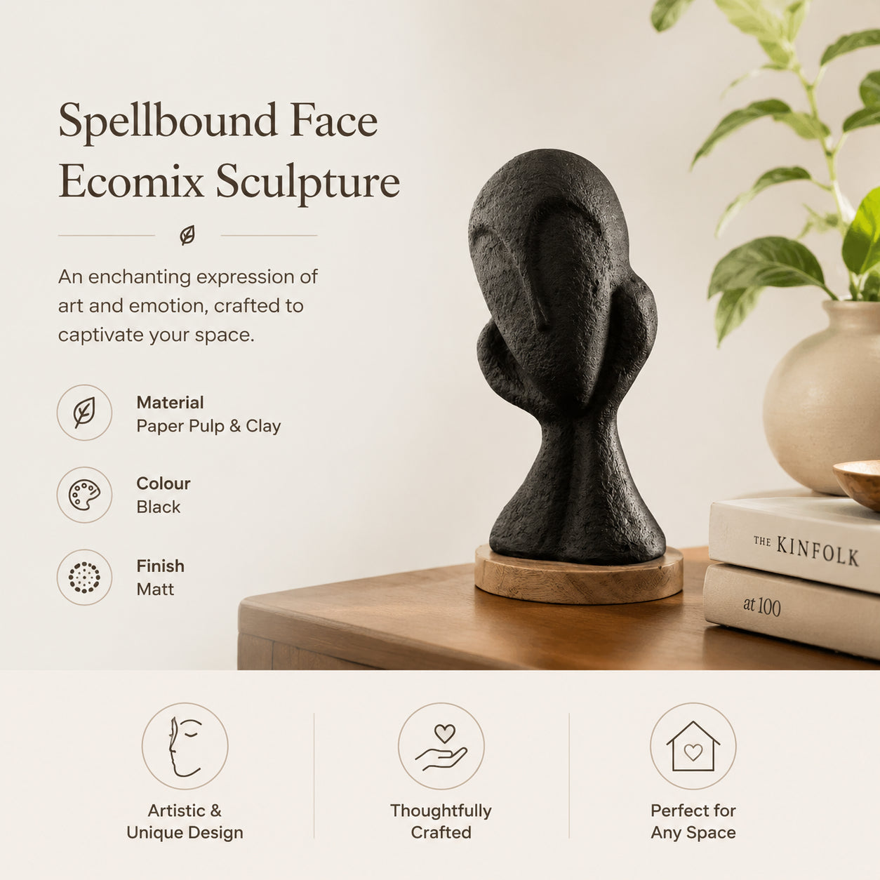 Betoverende Zwarte Ecomix Handgemaakte Gezichtssculptuur | Duurzame Moderne Kunst Decoratie Accent