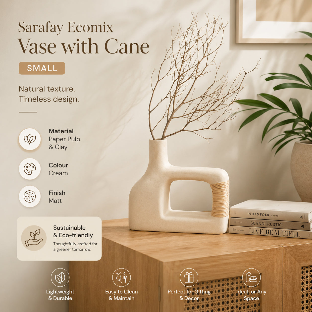 Sarafay Kleine Handgemaakte Ecomix & Riet Vaas - Duurzame Decoratieve Milieuvriendelijke Tafel Bureau Accent