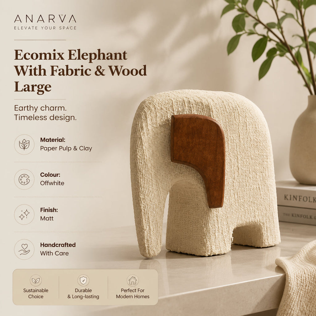 Anarva Grote Ecomix Stof & Mangohout Olifant Sculptuur - Met de hand vervaardigde Indiase volkskunstdecoratie