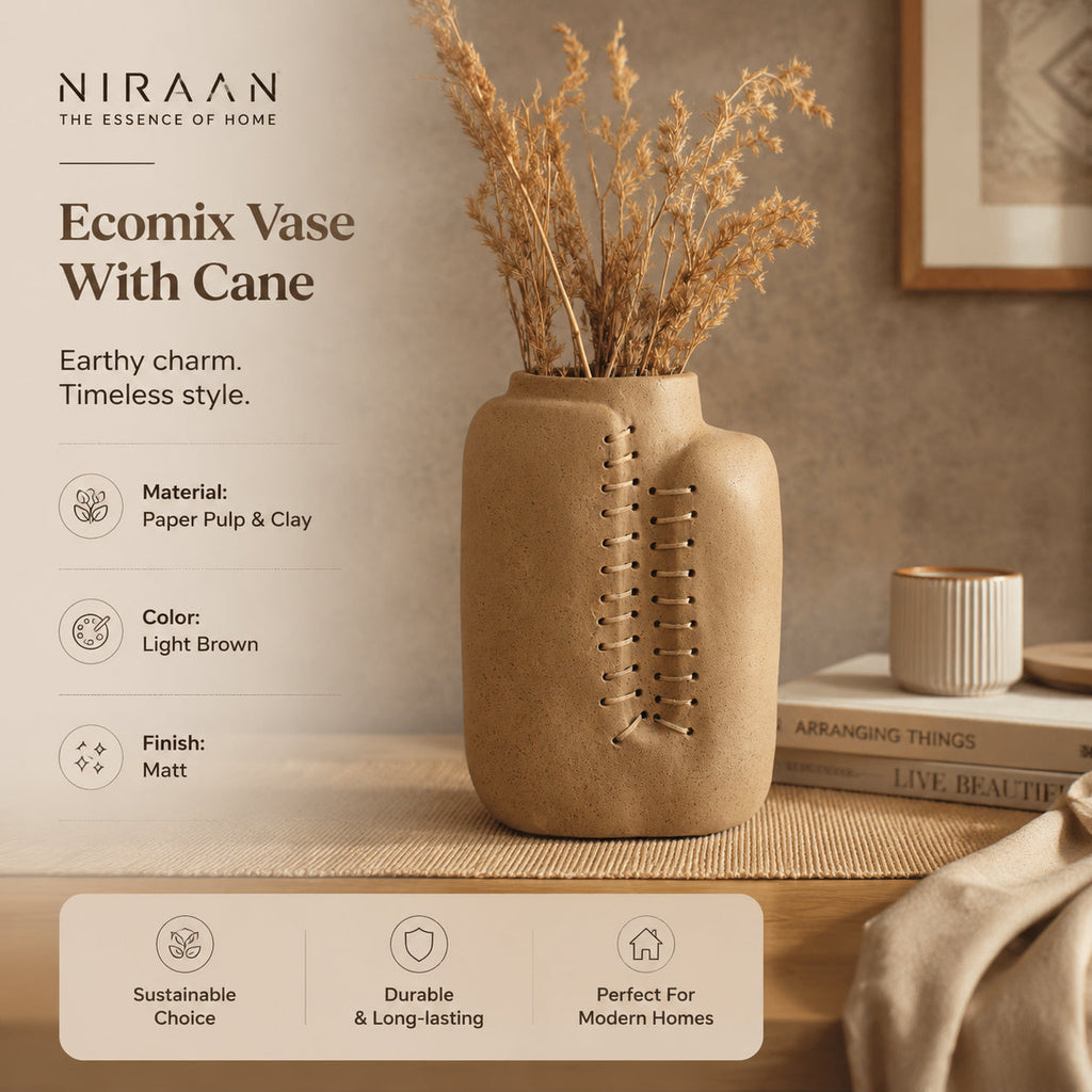 Niraan Handgemaakte Ecomix Rotan Vaas | Duurzame Boho Moderne Woondecoratie | Milieuvriendelijk Bloemaccentstuk