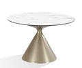 Winston stenen blad metalen onderstel ronde eettafel in haver melk en champagne.
