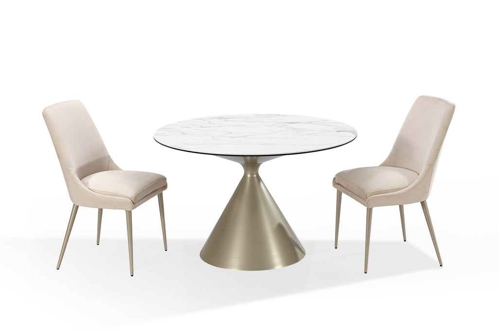 Winston stenen blad metalen onderstel ronde eettafel in haver melk en champagne.