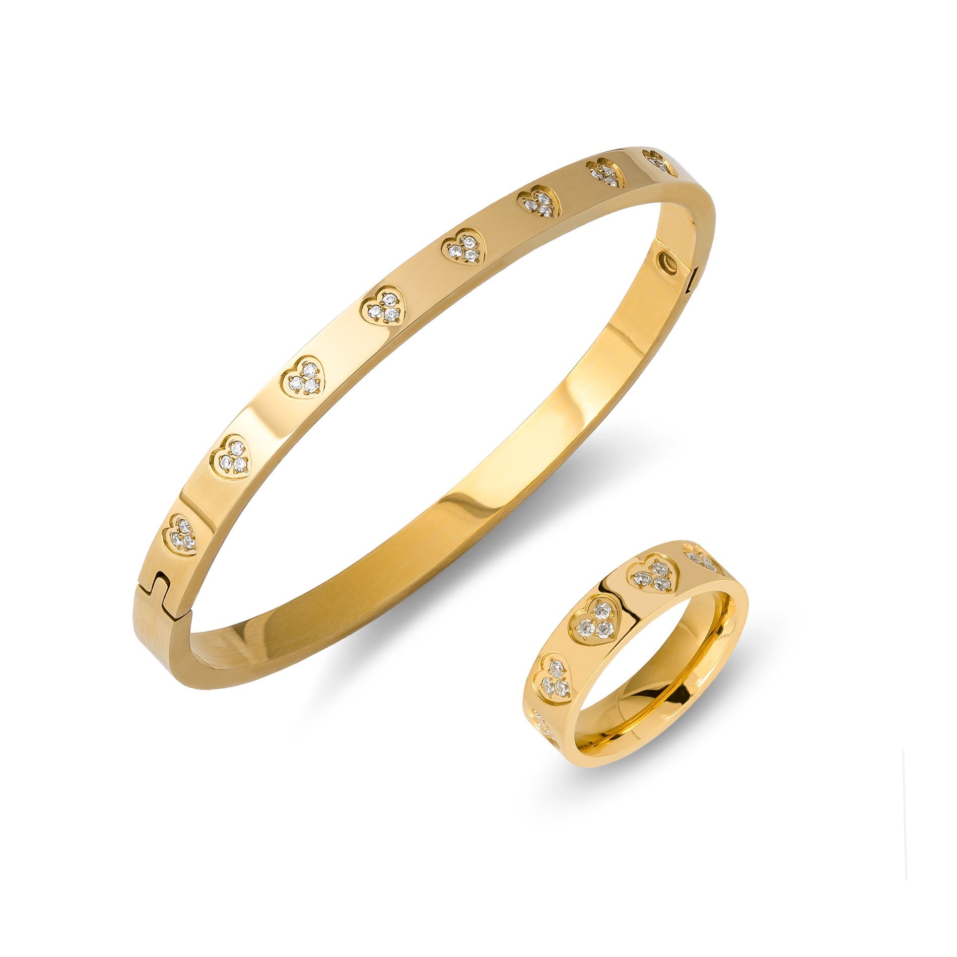 Bracelet et bague cœurs en oxydes de zirconium or