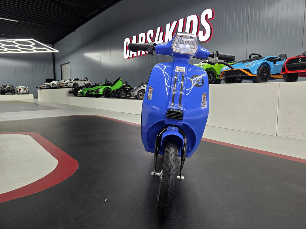 24V Electric Kids Scooter – Blue with Suspension & Leather Seat