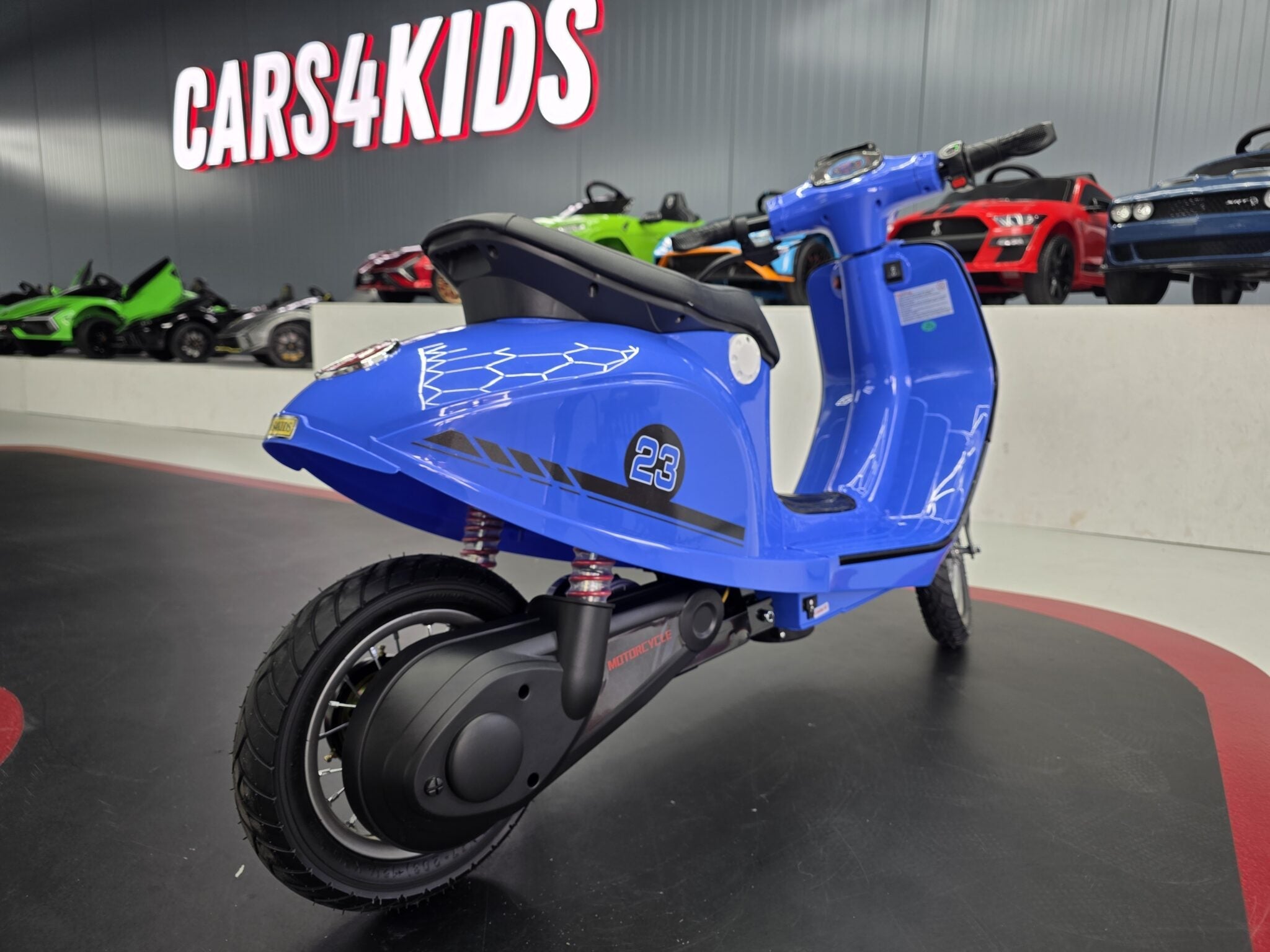 24V Electric Kids Scooter – Blue with Suspension & Leather Seat