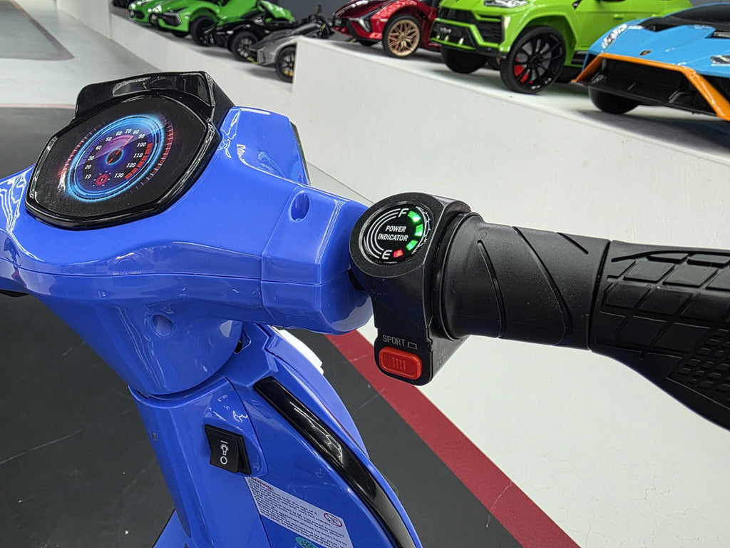 24V Electric Kids Scooter – Blue with Suspension & Leather Seat