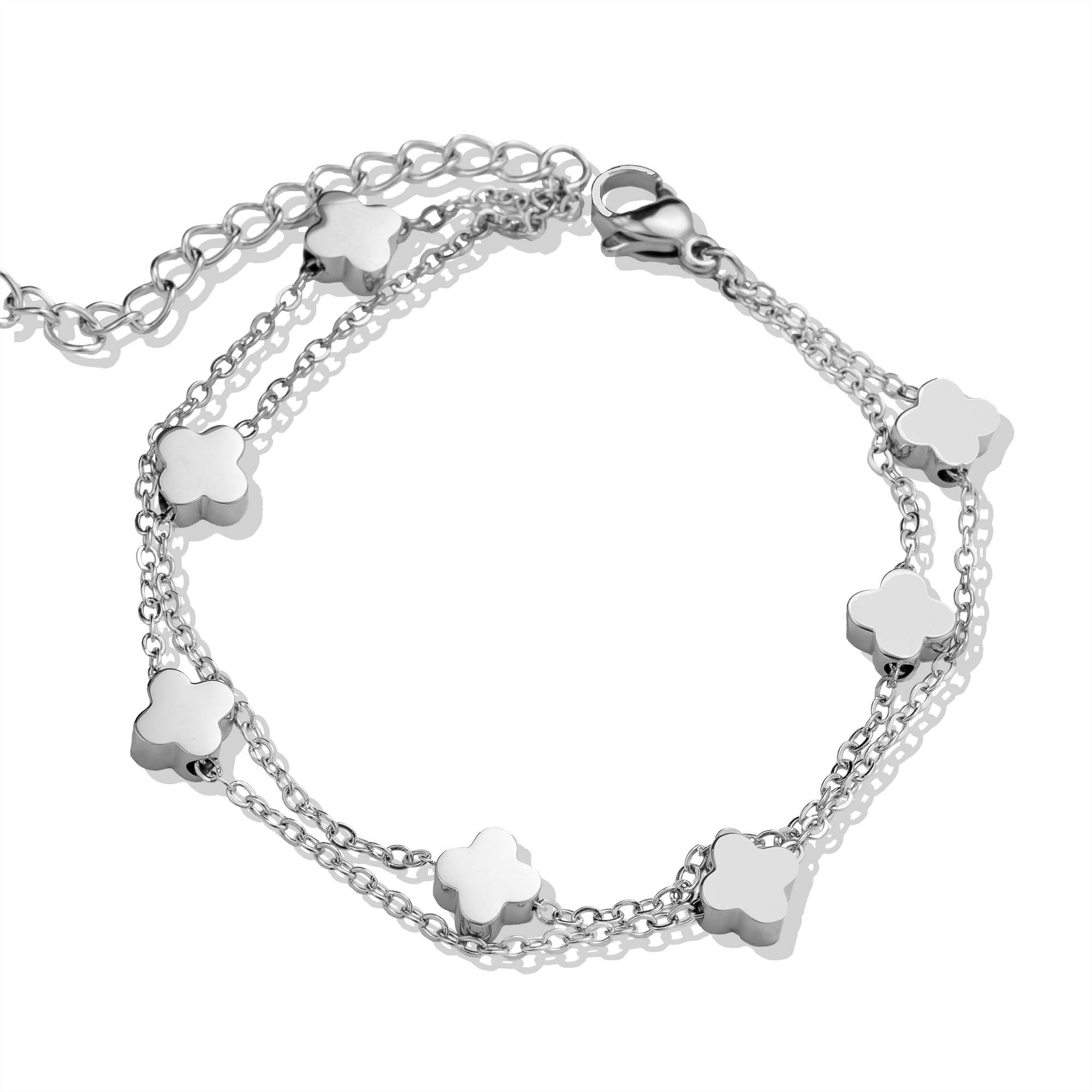 Bracelet double chaîne trèfle argenté
